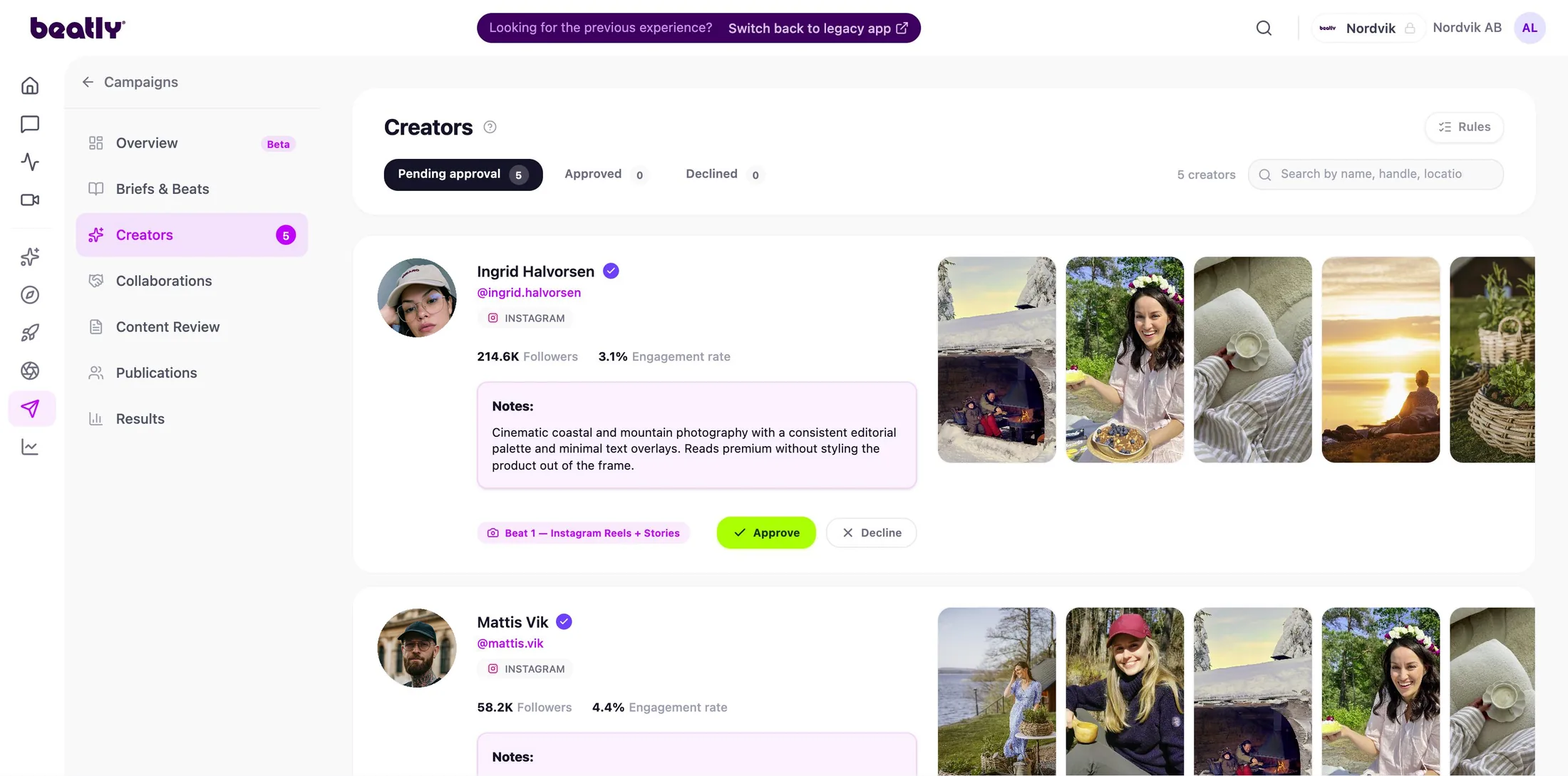 Creators pending approval, each with followers, engagement rate, recent work, a note from the strategist, and approve or decline buttons.