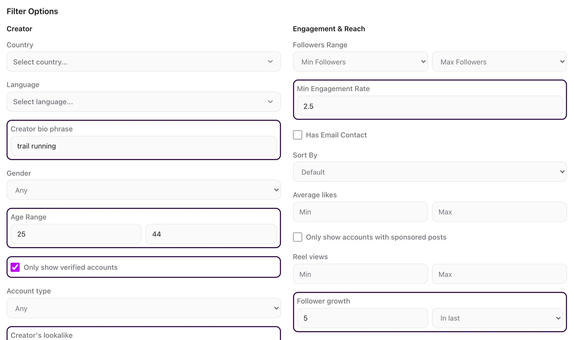 Discovery’s filter panel mid-search: bio phrase “trail running”, age 25 to 44, verified accounts only, a lookalike of one account, minimum engagement 2.5 and follower growth of 5%.
